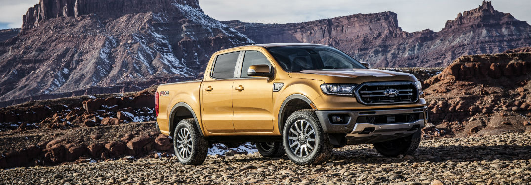 Passenger side exterior view of a gold 2019 Ford Ranger