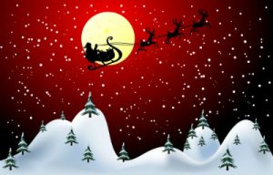 Santa Claus on sleigh in red sky
