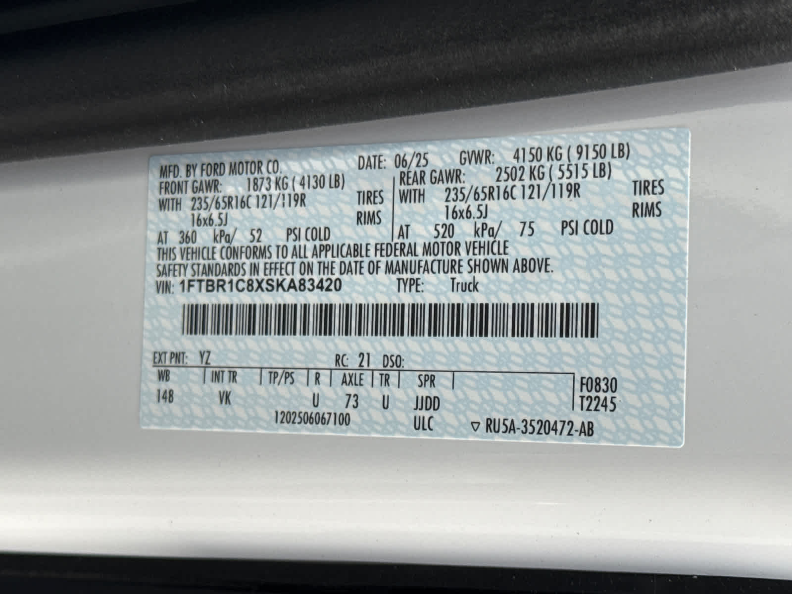 2025 Ford Transit T-250 148" Med Rf 9070 GVWR RWD