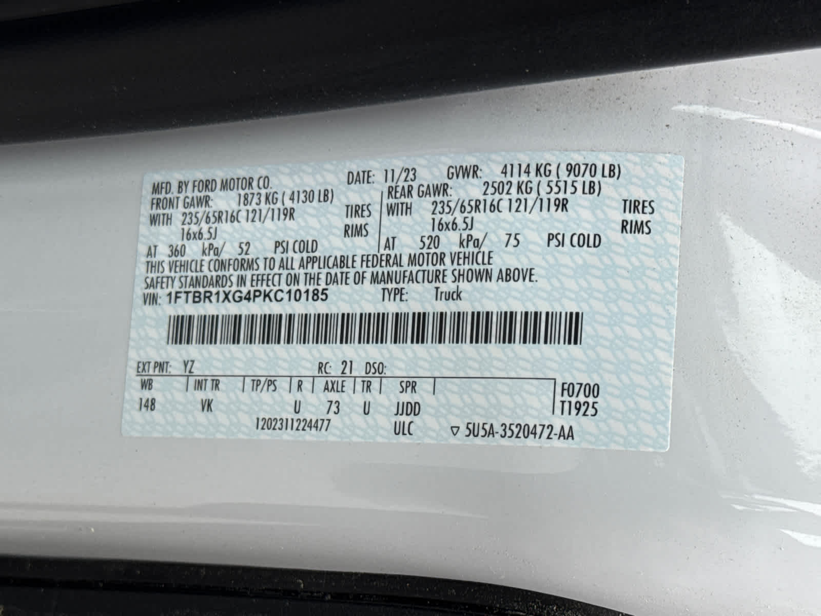 2023 Ford Transit Cargo Van T-250 148" Hi Rf 9070 GVWR RWD